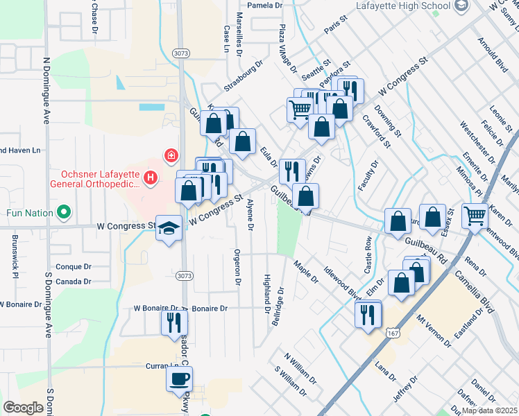 map of restaurants, bars, coffee shops, grocery stores, and more near 113 Highland Drive in Lafayette