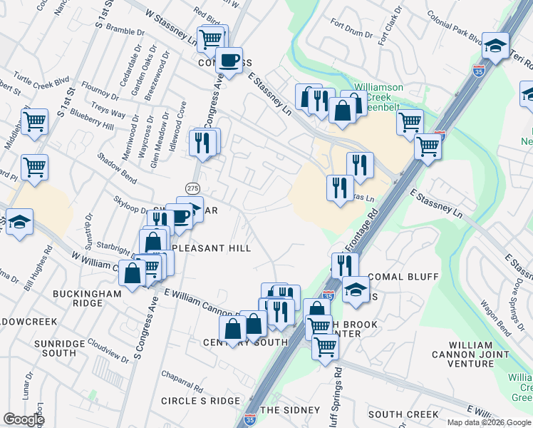 map of restaurants, bars, coffee shops, grocery stores, and more near 500 North Bluff Drive in Austin