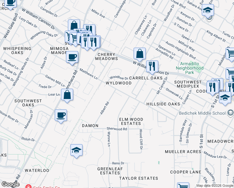 map of restaurants, bars, coffee shops, grocery stores, and more near 1307 Matthews Lane in Austin