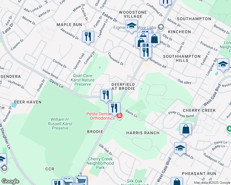 map of restaurants, bars, coffee shops, grocery stores, and more near 8703 Brodie Lane in Austin