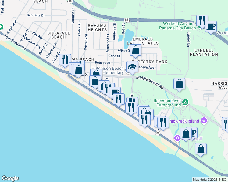 map of restaurants, bars, coffee shops, grocery stores, and more near 622 Gardenia Street in Panama City Beach