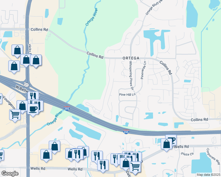 map of restaurants, bars, coffee shops, grocery stores, and more near 8298 Oak Crossing Drive West in Jacksonville
