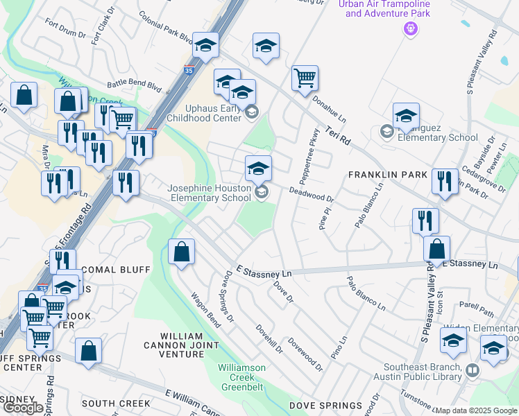 map of restaurants, bars, coffee shops, grocery stores, and more near 5409 Ponciana Drive in Austin