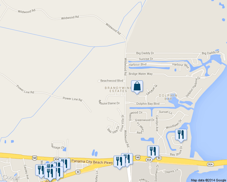map of restaurants, bars, coffee shops, grocery stores, and more near 102 Dana Way in Panama City Beach