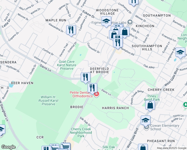 map of restaurants, bars, coffee shops, grocery stores, and more near 8700 Brodie Lane in Austin