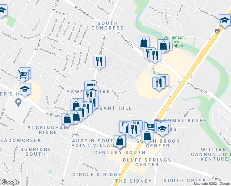 map of restaurants, bars, coffee shops, grocery stores, and more near N Bluff Dr & Crow Ln in Austin