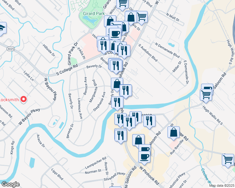 map of restaurants, bars, coffee shops, grocery stores, and more near 1508 West Pinhook Road in Lafayette