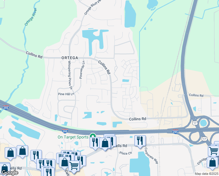 map of restaurants, bars, coffee shops, grocery stores, and more near 5268 Collins Road in Jacksonville