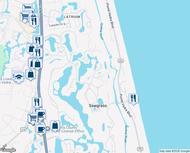 map of restaurants, bars, coffee shops, grocery stores, and more near 41 Tifton Way South in Ponte Vedra Beach