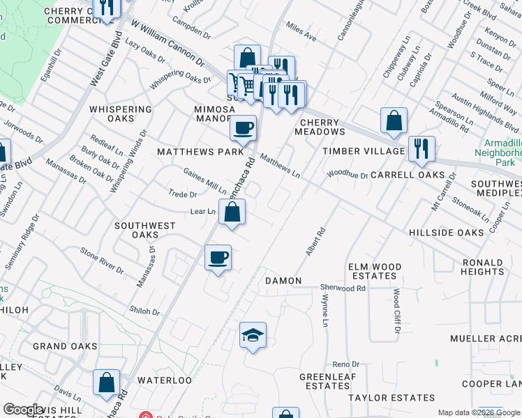 map of restaurants, bars, coffee shops, grocery stores, and more near 7415 Menchaca Road in Austin