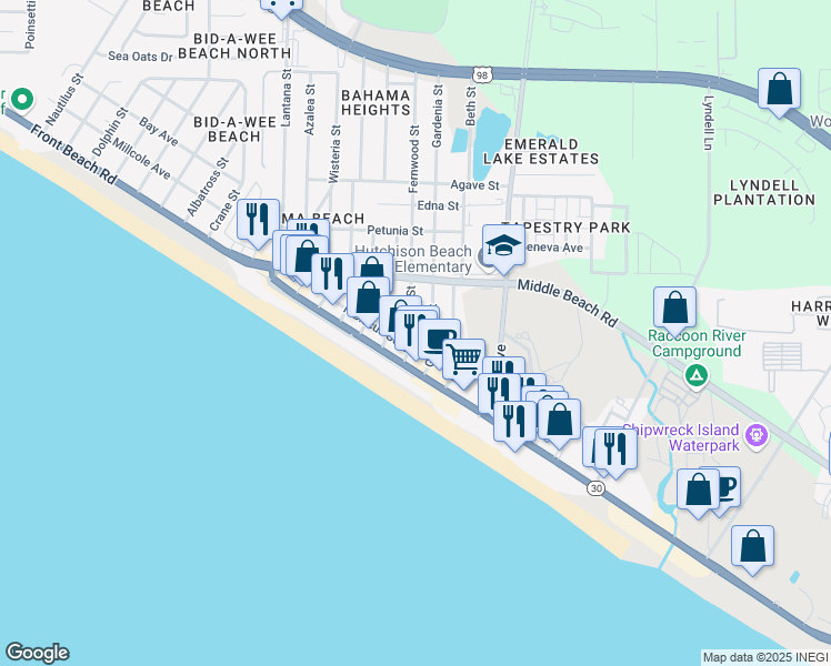 map of restaurants, bars, coffee shops, grocery stores, and more near 623 Fernwood Street in Panama City Beach