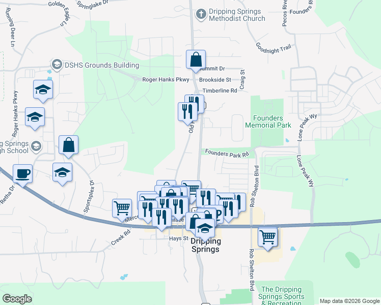 map of restaurants, bars, coffee shops, grocery stores, and more near 430 Old Fitzhugh Road in Dripping Springs