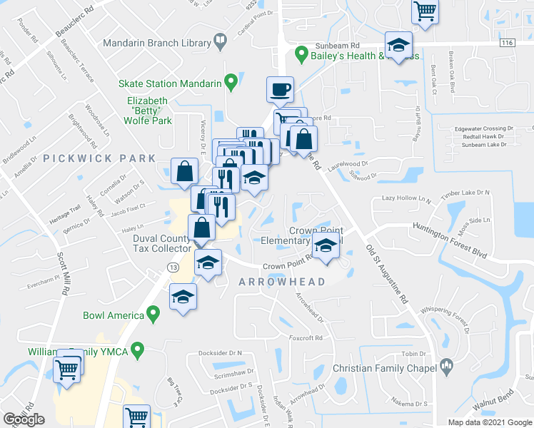 map of restaurants, bars, coffee shops, grocery stores, and more near 9907 Moorings Drive in Jacksonville