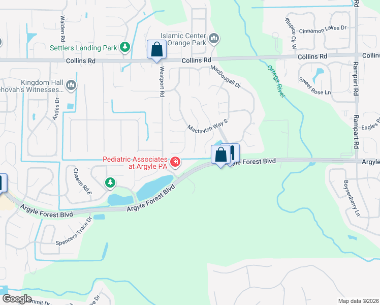 map of restaurants, bars, coffee shops, grocery stores, and more near 7855 Argyle Forest Boulevard in Jacksonville