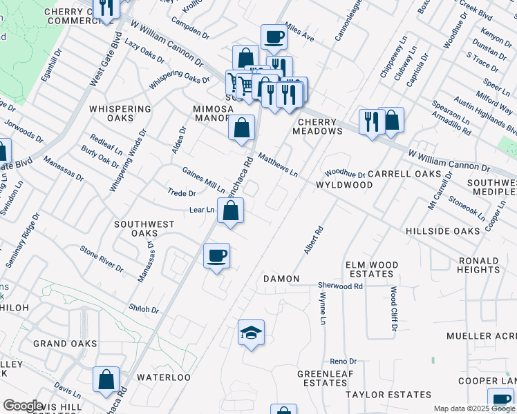 map of restaurants, bars, coffee shops, grocery stores, and more near 7415 Menchaca Road in Austin