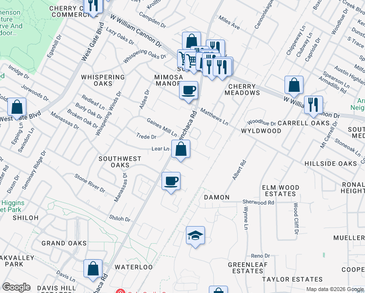 map of restaurants, bars, coffee shops, grocery stores, and more near 7415 Menchaca Road in Austin