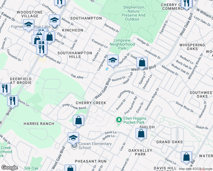 map of restaurants, bars, coffee shops, grocery stores, and more near 8203 West Gate Boulevard in Austin