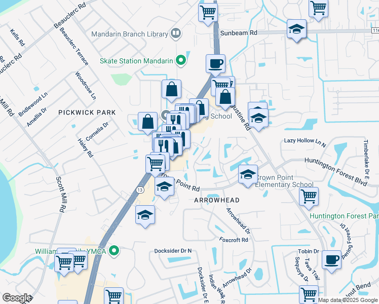 map of restaurants, bars, coffee shops, grocery stores, and more near 9946 Moorings Drive in Jacksonville