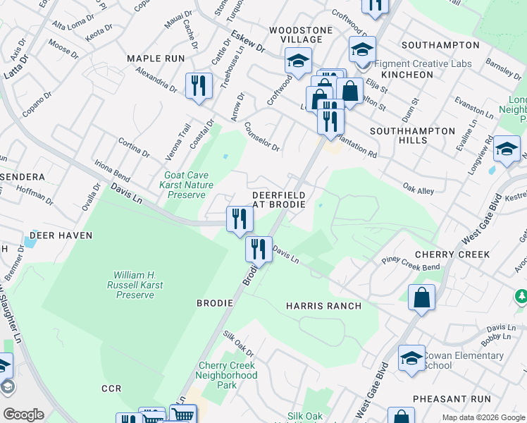 map of restaurants, bars, coffee shops, grocery stores, and more near 8703 Brodie Lane in Austin