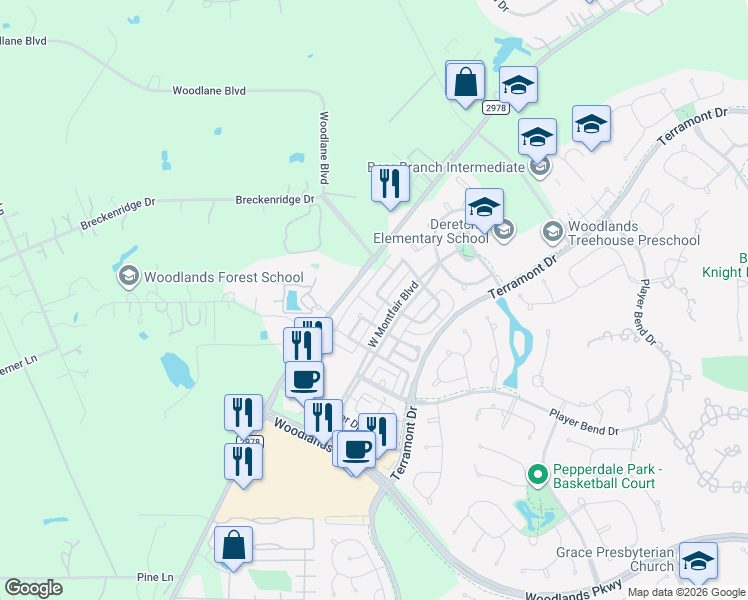map of restaurants, bars, coffee shops, grocery stores, and more near 38 Whetstone Ridge Way in Spring