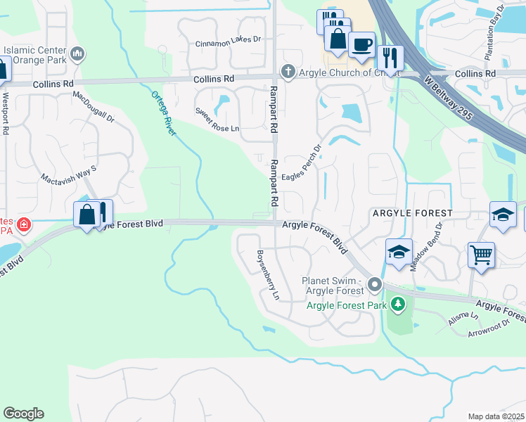 map of restaurants, bars, coffee shops, grocery stores, and more near 7315 Argyle Forest Boulevard in Jacksonville