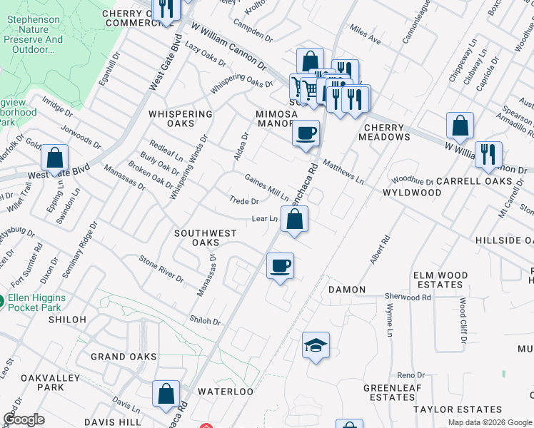 map of restaurants, bars, coffee shops, grocery stores, and more near 7502 Helecho Court in Austin