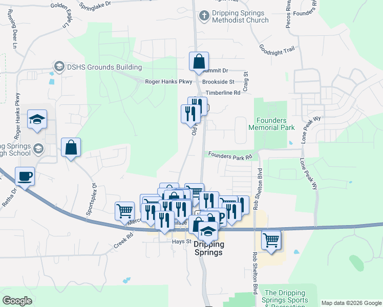 map of restaurants, bars, coffee shops, grocery stores, and more near 430 Old Fitzhugh Road in Dripping Springs