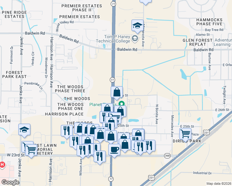 map of restaurants, bars, coffee shops, grocery stores, and more near 2708 Florida 77 in Chipley