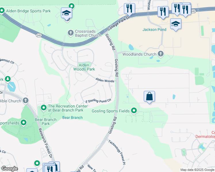 map of restaurants, bars, coffee shops, grocery stores, and more near 23 East Sterling Pond Circle in Spring