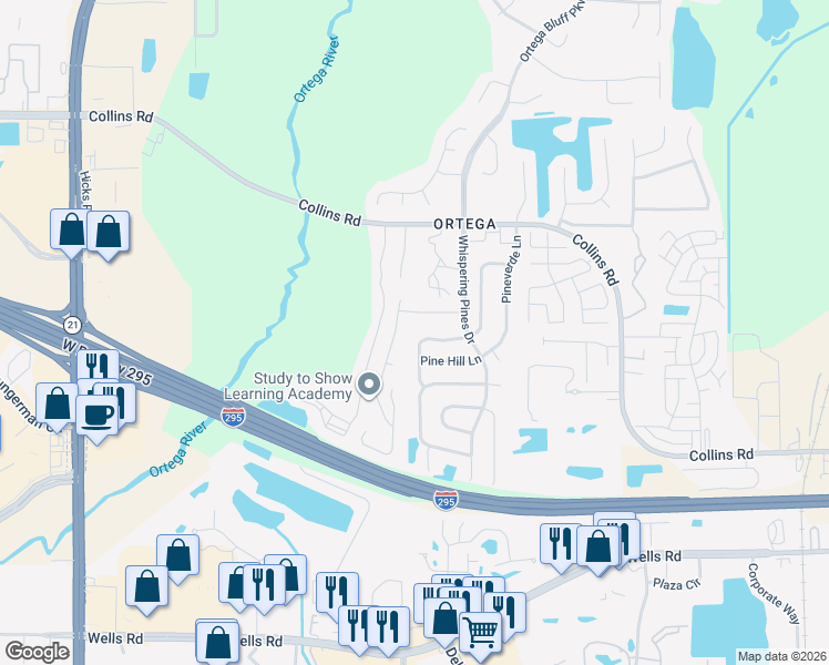 map of restaurants, bars, coffee shops, grocery stores, and more near 5697 Colony Pine Cir N in Jacksonville