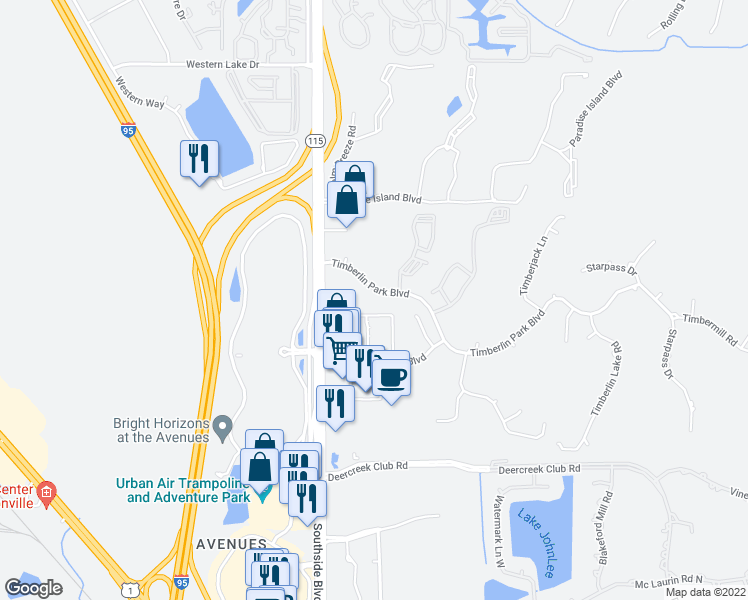 map of restaurants, bars, coffee shops, grocery stores, and more near 9021 Southside Boulevard in Jacksonville