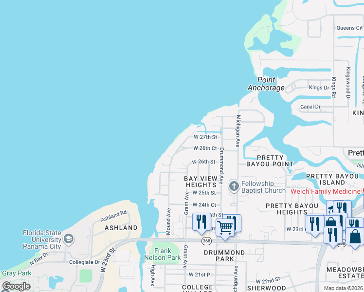 map of restaurants, bars, coffee shops, grocery stores, and more near 3941 West 26th Court in Panama City
