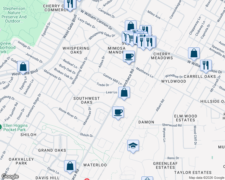 map of restaurants, bars, coffee shops, grocery stores, and more near 7502 Helecho Court in Austin