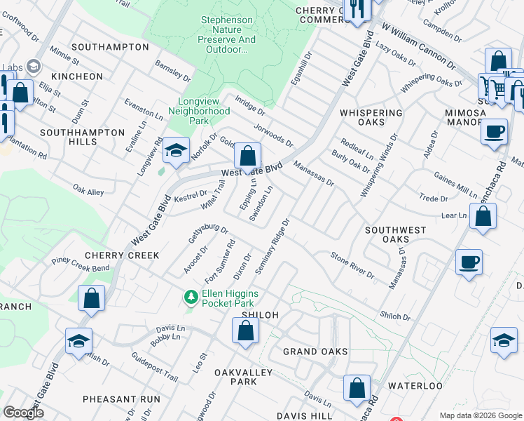 map of restaurants, bars, coffee shops, grocery stores, and more near 2620 Market Garden Lane in Austin
