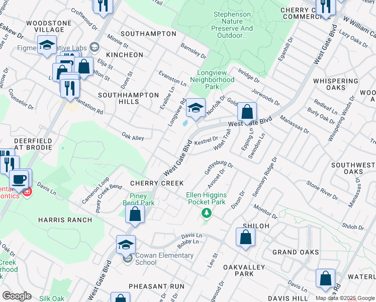 map of restaurants, bars, coffee shops, grocery stores, and more near 8203 West Gate Boulevard in Austin