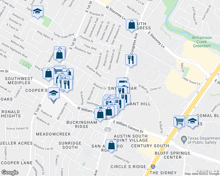 map of restaurants, bars, coffee shops, grocery stores, and more near 102 Skyloop Drive in Austin