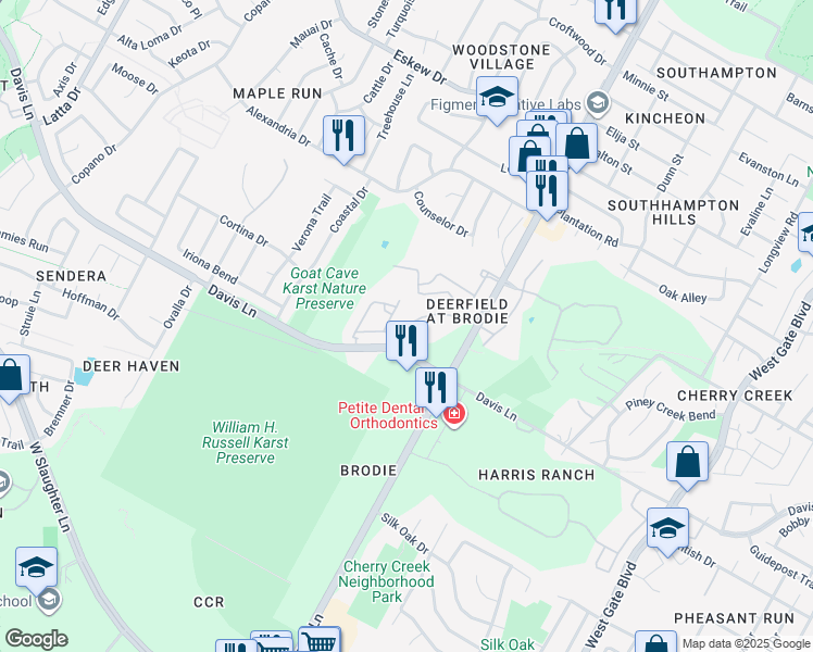 map of restaurants, bars, coffee shops, grocery stores, and more near 8700 Brodie Lane in Austin