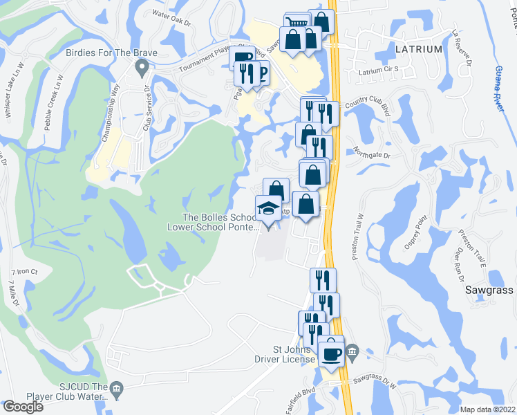 map of restaurants, bars, coffee shops, grocery stores, and more near 170 Veracruz Drive in Ponte Vedra