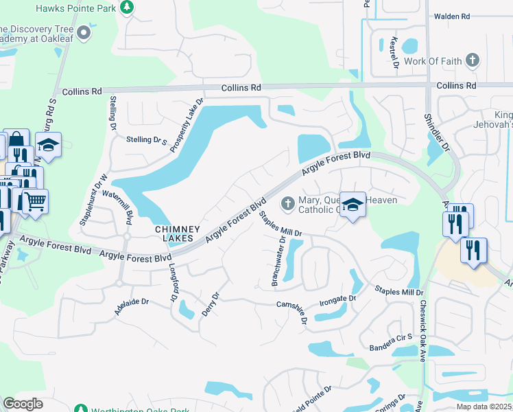 map of restaurants, bars, coffee shops, grocery stores, and more near Argyle Forest Blvd & Staples Mill Dr in Jacksonville