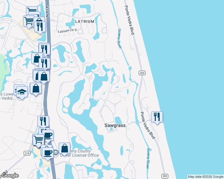 map of restaurants, bars, coffee shops, grocery stores, and more near 82 Tifton Way North in Ponte Vedra Beach