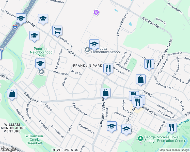 map of restaurants, bars, coffee shops, grocery stores, and more near 5201 Village Path in Austin