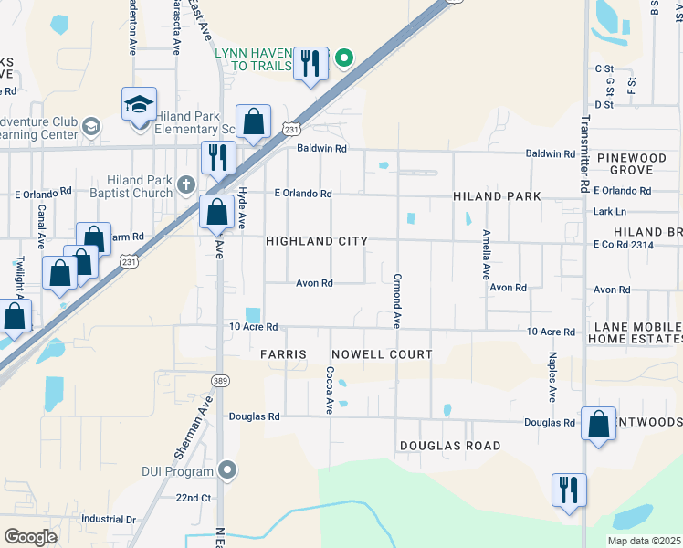 map of restaurants, bars, coffee shops, grocery stores, and more near 3008 Avon Road in Panama City