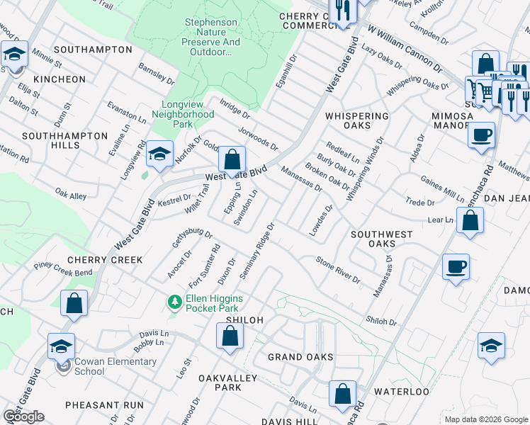 map of restaurants, bars, coffee shops, grocery stores, and more near 8100 Seminary Ridge Drive in Austin