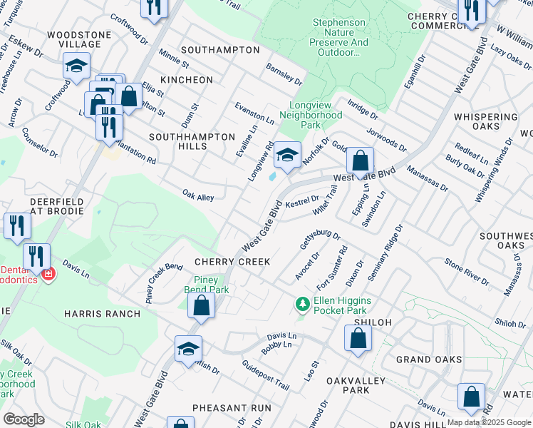 map of restaurants, bars, coffee shops, grocery stores, and more near 8203 West Gate Boulevard in Austin