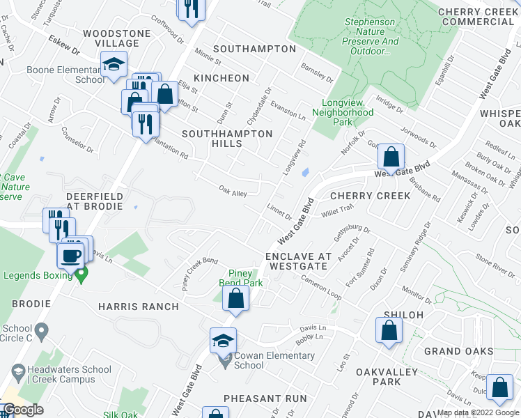 map of restaurants, bars, coffee shops, grocery stores, and more near 8403 Longview Road in Austin