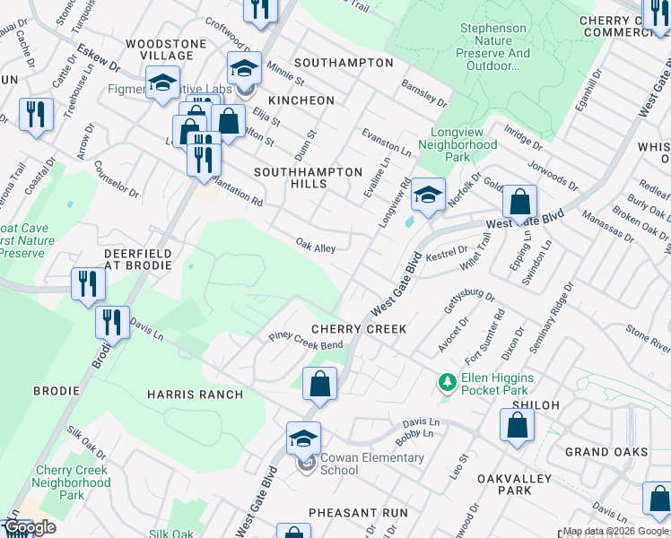 map of restaurants, bars, coffee shops, grocery stores, and more near 8403 Longview Road in Austin