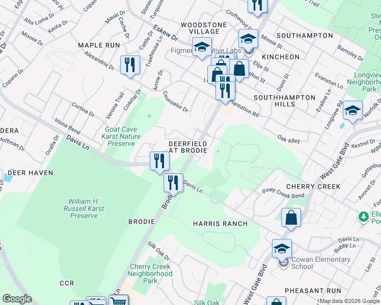 map of restaurants, bars, coffee shops, grocery stores, and more near 8700 Brodie Lane in Austin
