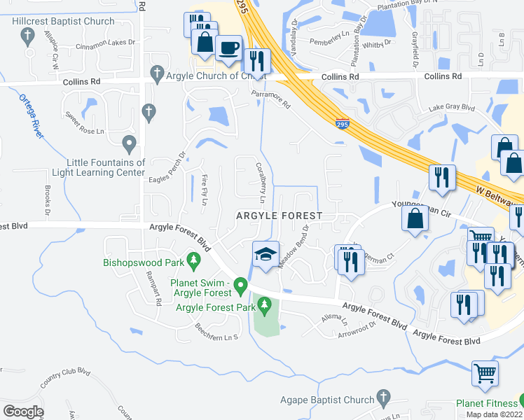 map of restaurants, bars, coffee shops, grocery stores, and more near Coralberry Lane in Jacksonville
