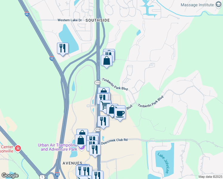 map of restaurants, bars, coffee shops, grocery stores, and more near 7620 Timberlin Park Boulevard in Jacksonville