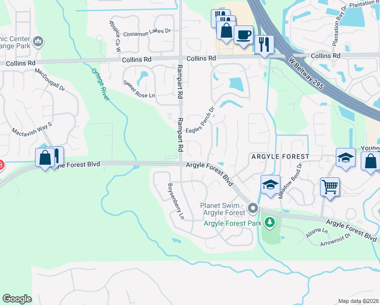 map of restaurants, bars, coffee shops, grocery stores, and more near 8386 Argyle Corners Court in Jacksonville